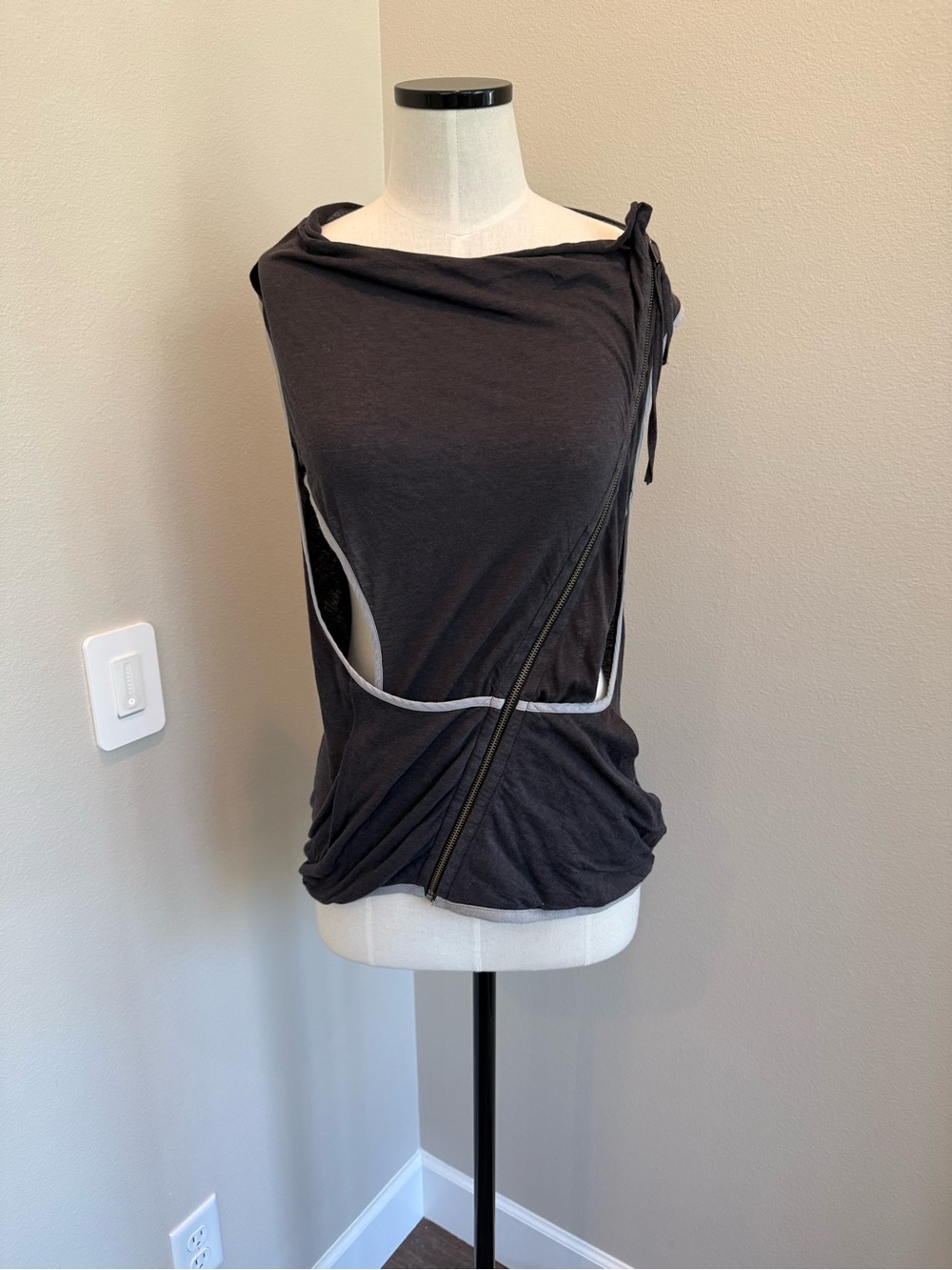 Improvd Black Sleeveless Draped Overlay with Diagonal Zipper Detail